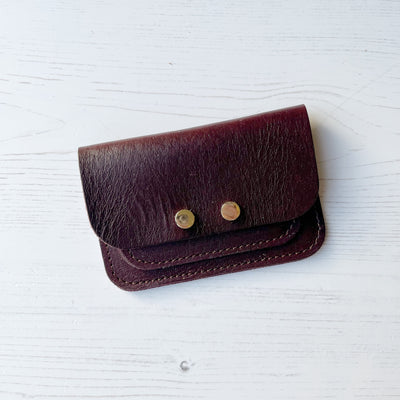 Picture of personalised Bordeaux red leather card purse (British made women's small leather purse)
