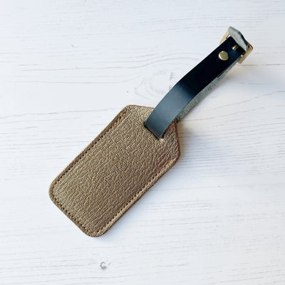 Bronze leather luggage tag, personalised luggage tag UK, personalised British leather luggage tag.