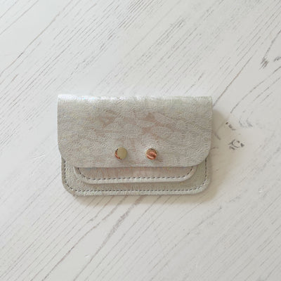 Picture of personalised metallic ice white leather card purse (British made women's small leather purse)