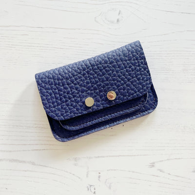 Picture of personalised indigo card purse, women's small indigo purse UK, small indigo leather purse UK