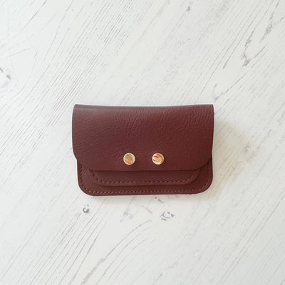 Picture of personalised burgundy card purse, women's small burgundy purse UK, small burgundy leather purse UK