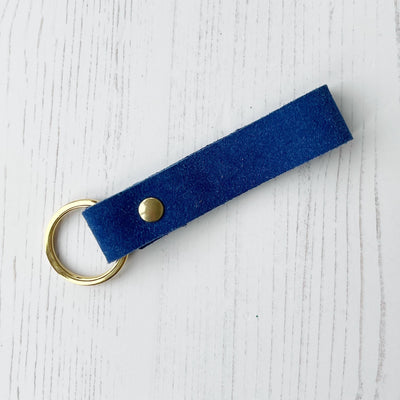 Picture of British-made sustainable leather blue suede keyring with free personalisation - UK leather accessories 