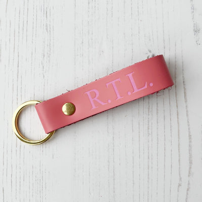 Picture of British-made sustainable coral pink leather keyring with free personalisation - UK leather accessories