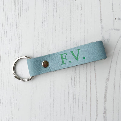 Picture of British-made sustainable dusky blue leather keyring with free personalisation - UK leather accessories