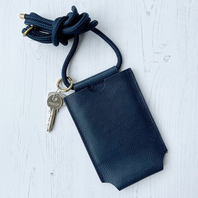 Picture of navy personalised leather phone bag , women's crossbody phone bag UK, personalised phone bags UK