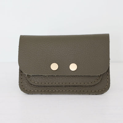 Picture of personalised olive green card purse, women's small olive green purse UK, small olive green leather purse UK