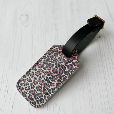 Picture of pink leopard print personalised leather luggage tag UK