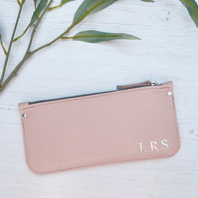 Picture of handmade personalised leather clutch purse UK in pink