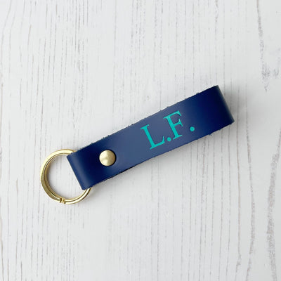 Picture of British-made sustainable royal blue leather keyring with free personalisation, personalised leather gifts UK, royal blue keyring 