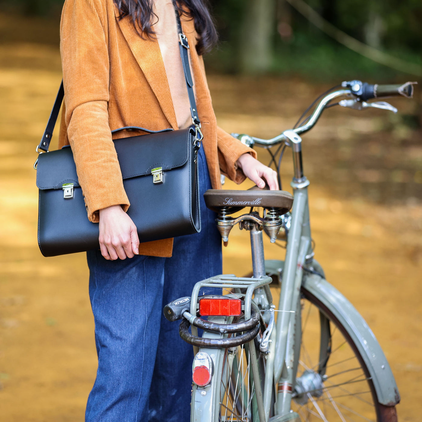 Picture of stylish bike bag in the style of a black large leather satchel bag 
