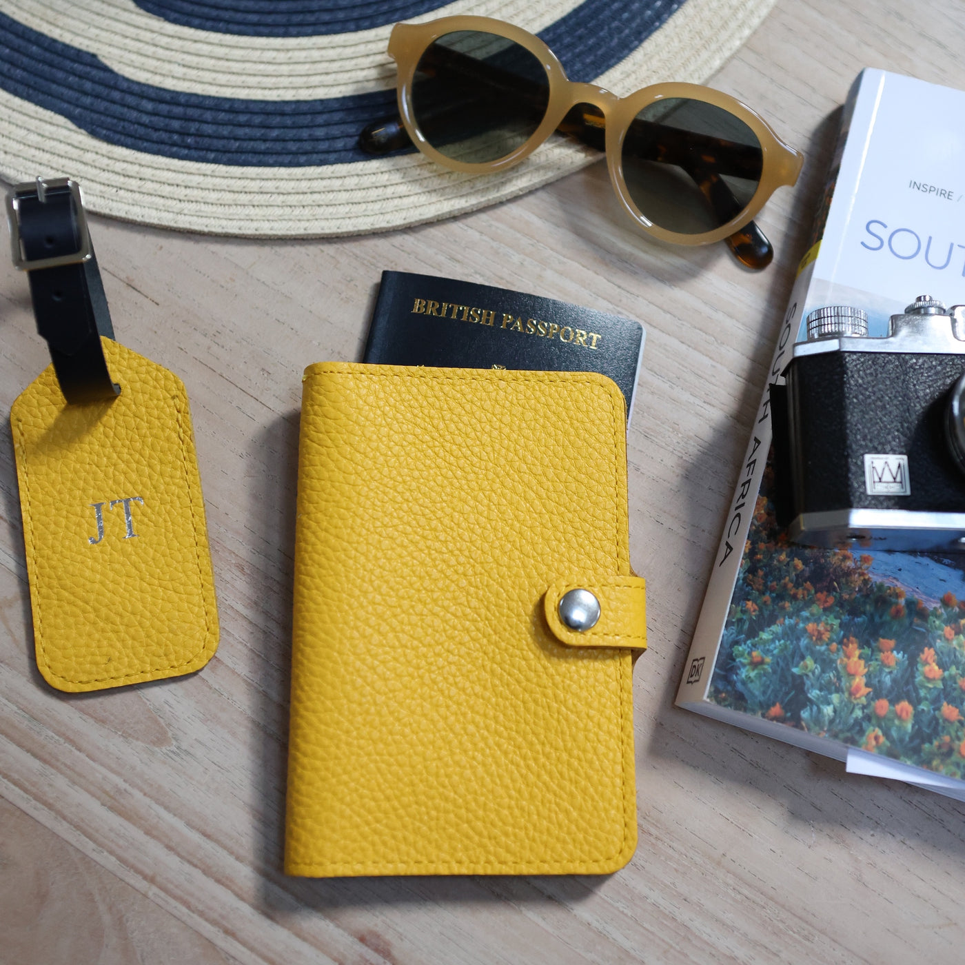 Yellow leather travel accessories