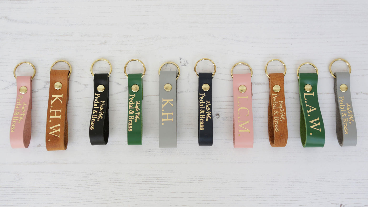 Picture of personalised leather keyrings UK in a variety of colours