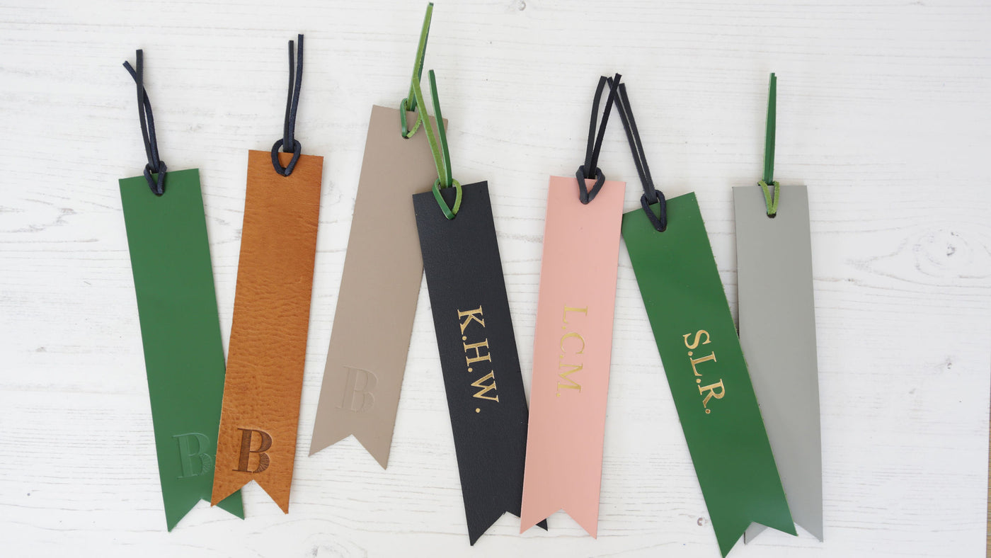 Picture of personalised leather bookmarks UK in a variety of colours