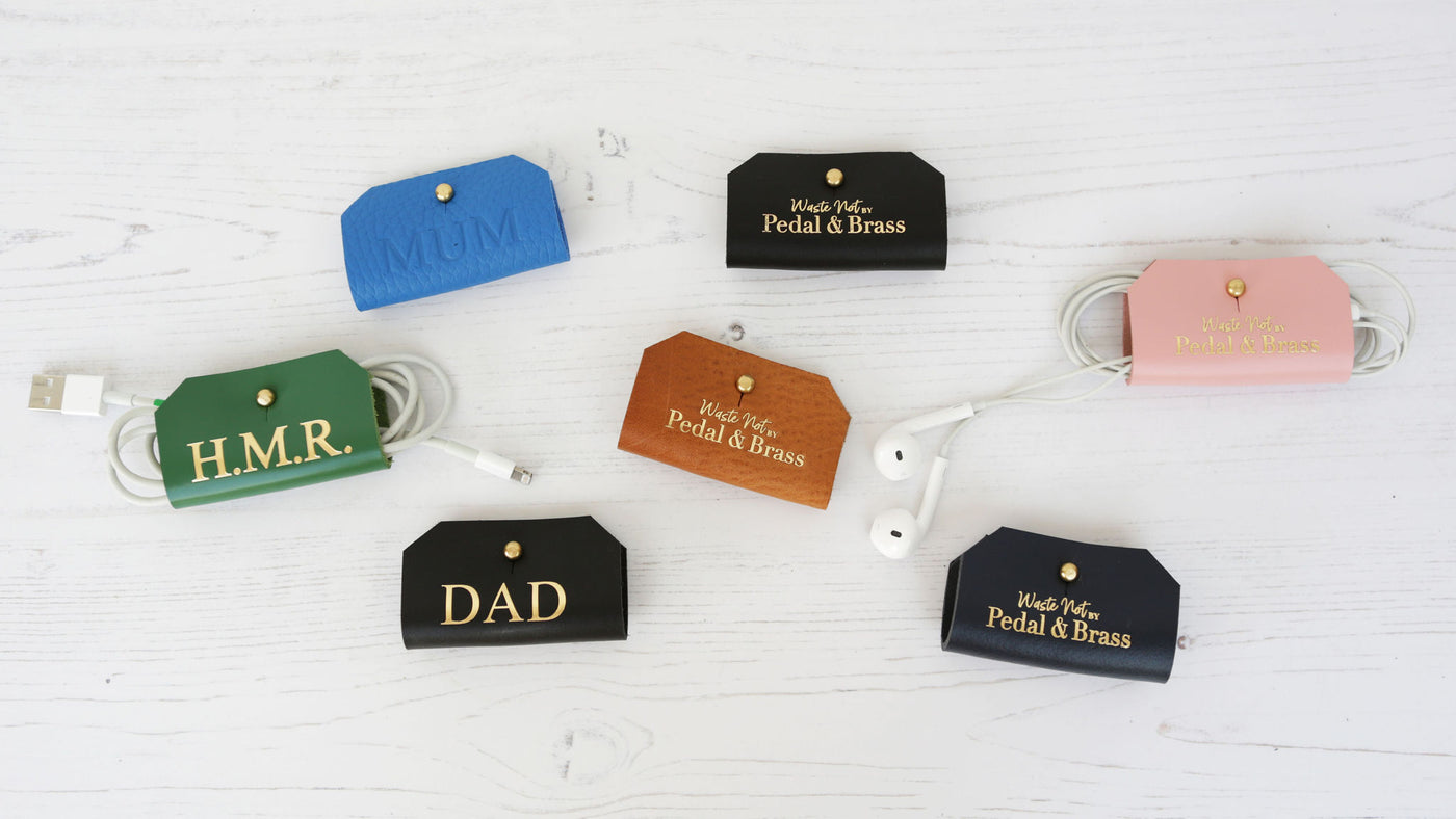 Picture of personalised leather cable tidy or headphone tidy UK in a variety of colours