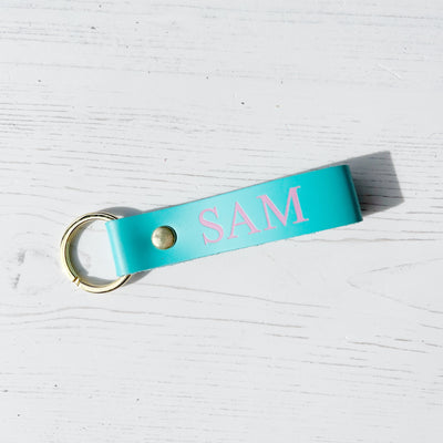 Picture of British-made sustainable aqua blue leather keyring with free personalisation, personalised leather gifts UK, aqua blue keyring 