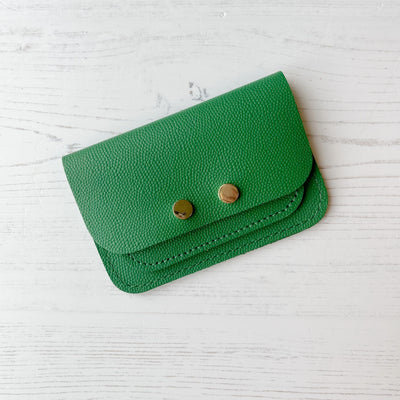 Picture of personalised bright green card purse, women's small green purse UK, small green leather purse UK
