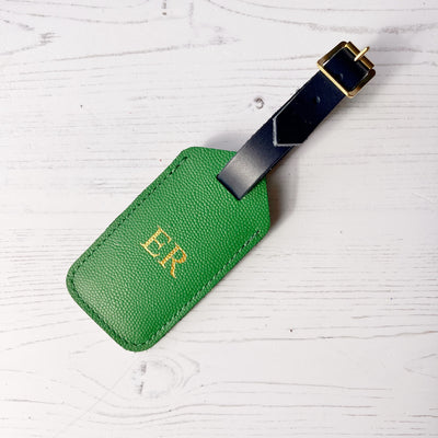 Picture of aqua bright green leather luggage tag, personalised luggage tag UK, personalised British leather luggage tag.