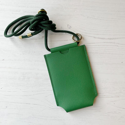 Picture of bright green personalised leather phone bag , women's crossbody phone bag UK, personalised phone bags UK