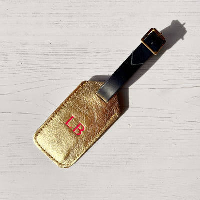 Gold leather luggage tag, personalised luggage tag UK, personalised British leather luggage tag