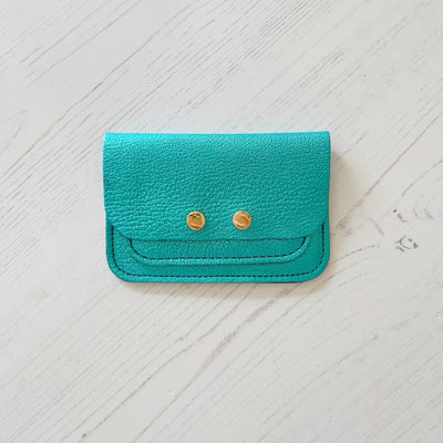 Picture of personalised metallic blue leather card purse (British made women's small leather purse)