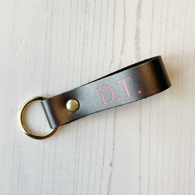 Picture of British-made sustainable metallic grey leather keyring with free personalisation, personalised leather gifts UK, metallic grey keyring 
