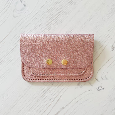 Picture of personalised metallic pink leather card purse (British made women's small leather purse)