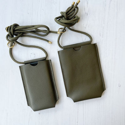 Picture of olive green personalised leather phone bag , women's crossbody phone bag UK, personalised phone bags UK