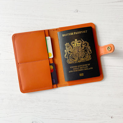 Orange leather travel wallet / leather passport cover, personalised passport cover, personalised wedding gift, personalised travel wallet, personalised gifts for teens