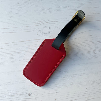 Red leather luggage tag, personalised luggage tag UK, personalised British leather luggage tag.JPG