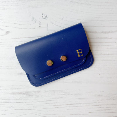 Picture of personalised royal blue card purse, women's small royal blue purse UK, small royal blue leather purse UK