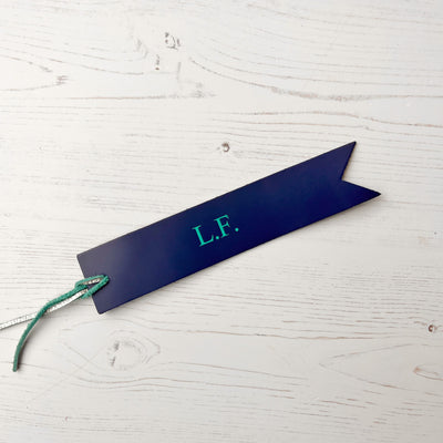 Picture of British-made sustainable royal blue leather bookmark with free personalisation, personalised leather gifts UK, royal blue bookmark 