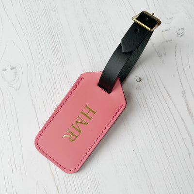 Picture of coral pink personalised leather luggage tag UK