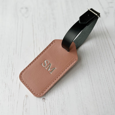 Picture of dusky pink personalised leather luggage tag UK