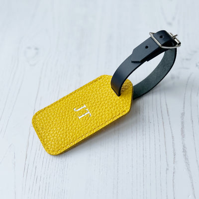 Picture of yellow personalised leather luggage tag UK