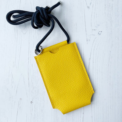 Picture of yellow personalised leather phone bag , women's crossbody phone bag UK, personalised phone bags UK