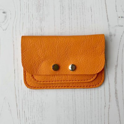 Picture of personalised orange leather card purse (British made women's small leather purse)