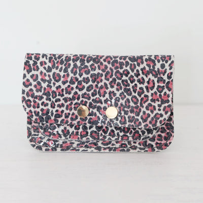 Picture of British-made sustainable pink leopard print leather small card purse with free personalisation - UK leather accessories