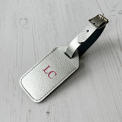 Picture of silver personalised leather luggage tag UK