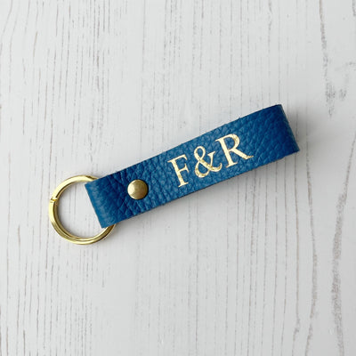 Picture of British-made sustainable tumbled blue leather keyring with free personalisation - UK leather accessories